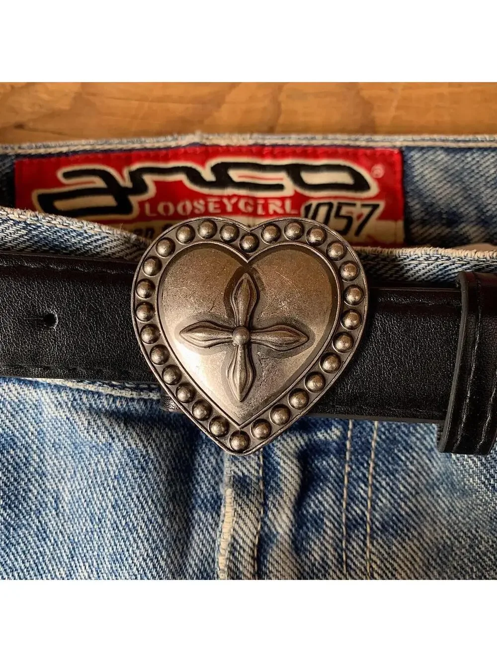 Y2k gothic style heart cross belt buckle black belt. 40 inches length. Unisex